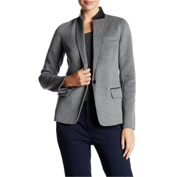Vince Grey Buttoned Wool Blazer Leather Collar Sz 8 - Picture 1 of 14